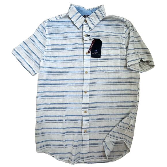 Ben‎ Sherman|Linen Blend Button up SS Shirt|White/Blue|NWT|SZ M - Picture 1 of 7